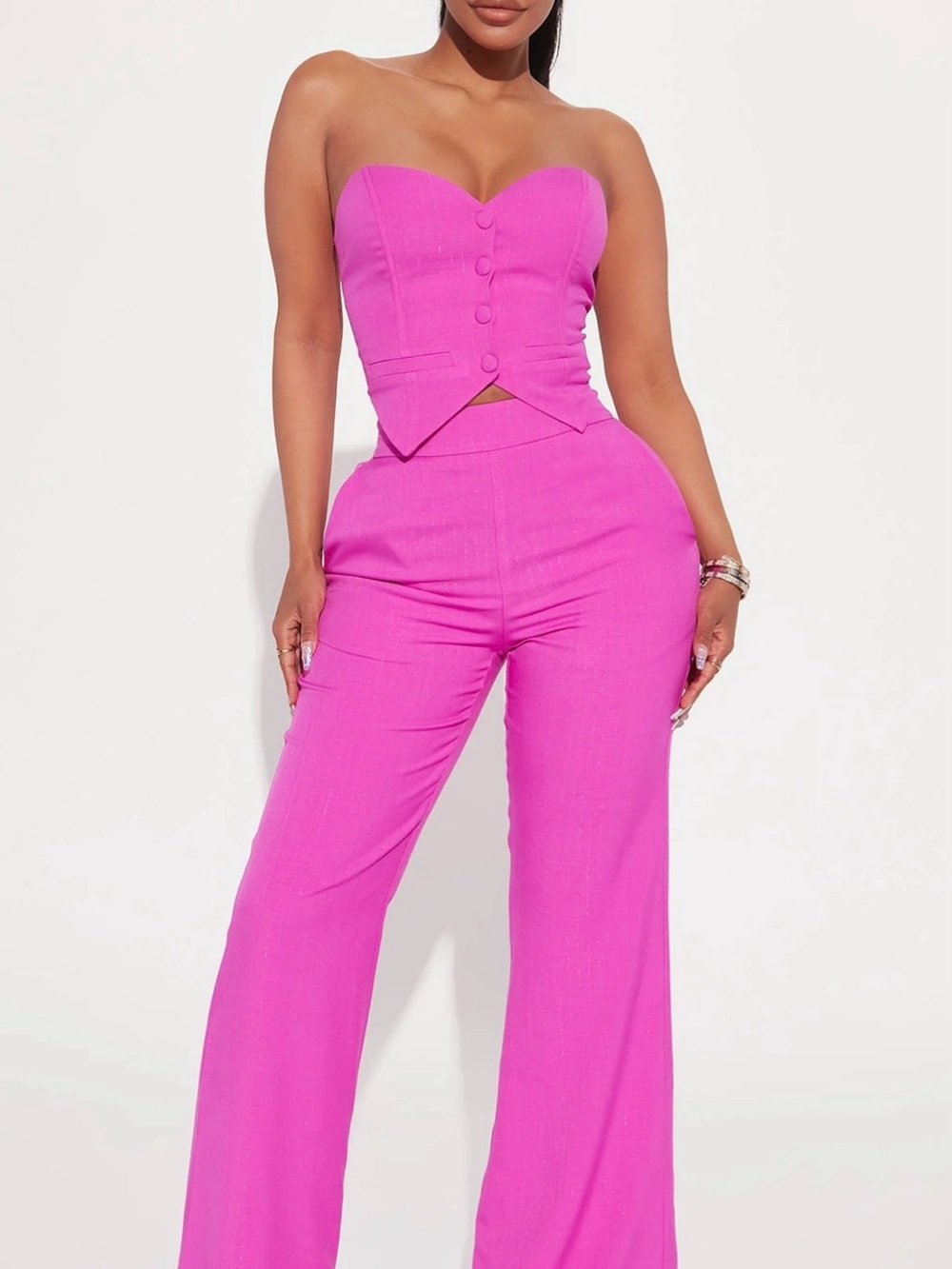 NWT - Fashion Nova Strapless Corset Top & Wide Leg Pants Set - Hot Pink